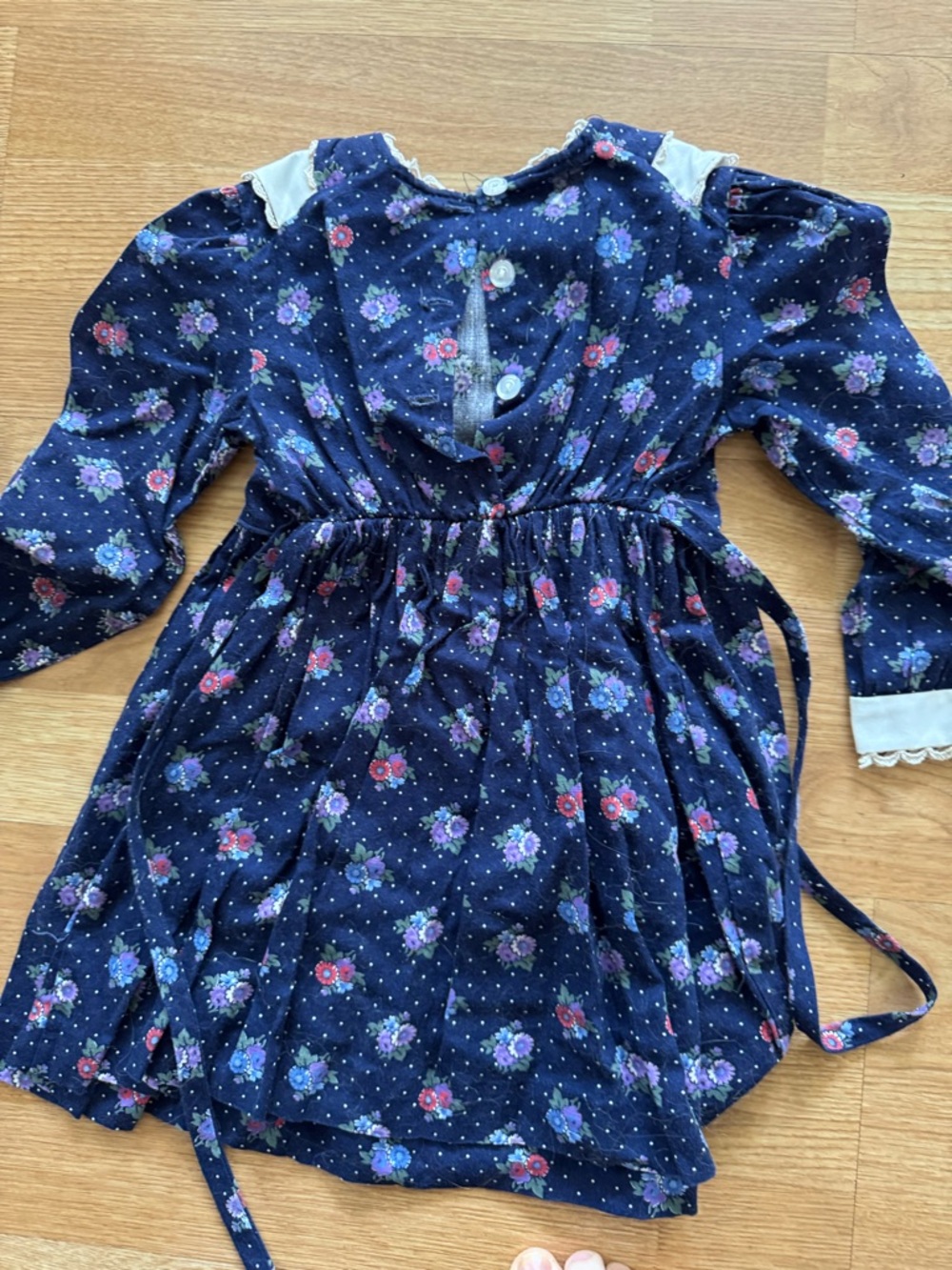 Vintage Navy Floral Long-Sleeve Girls Dress with White Bib - Picture 2 of 3